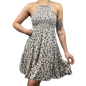 American Eagle cheetah smocked halter dress mini fit & flare tiered medium
